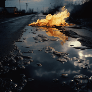 A puddle of gasoline that has caught on fire