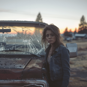 Crashed truck with woman in front