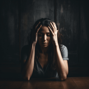 Woman with hands on head